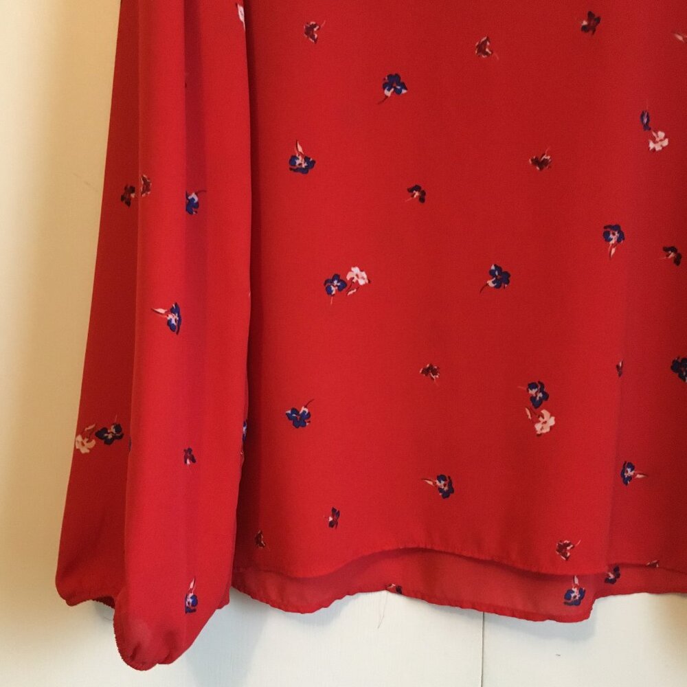 Joe Fresh Poppy Red Sheer Floral Blouse Peasant Sleeve V-Neck XL - Picture 7 of 16